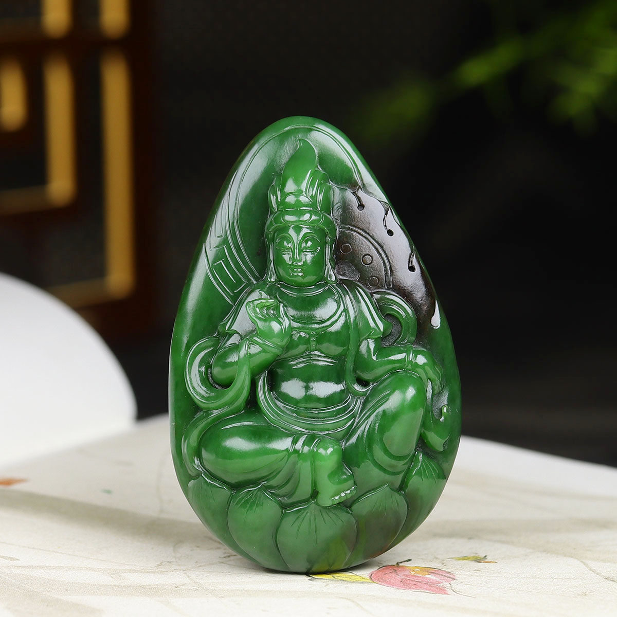 （古晨珠宝）俄罗斯和田玉菠菜绿聚红皮碧玉观音挂件吊坠玉坠79g