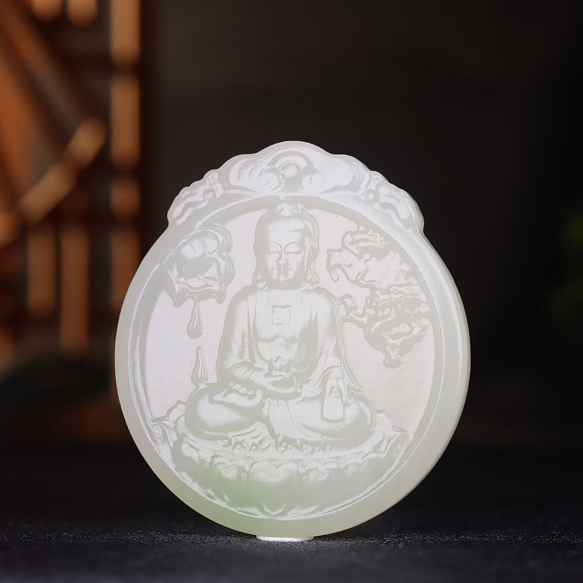 （古晨珠宝）青海和田玉翠青阿弥陀佛挂件玉牌守护神40g