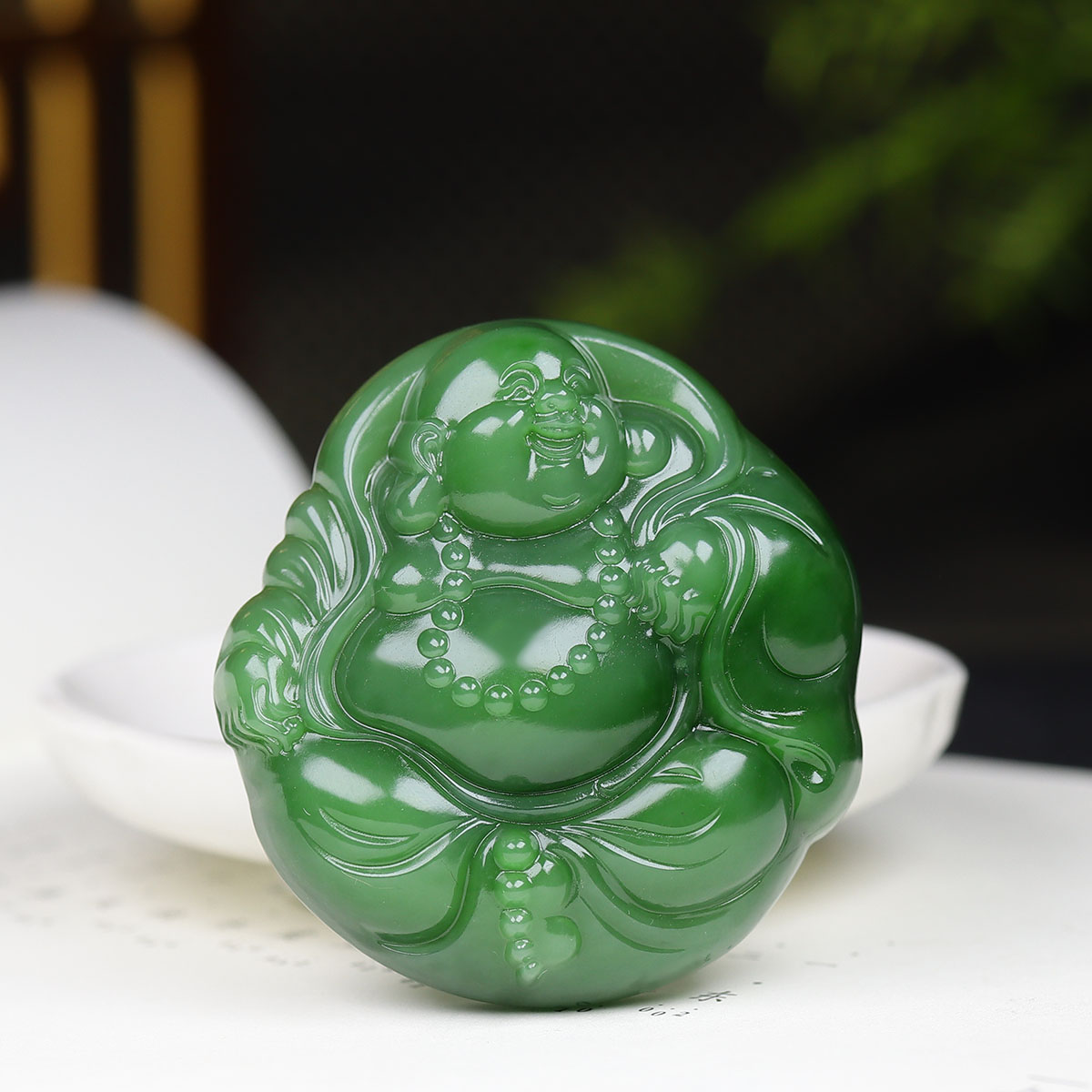 （古晨珠宝）俄罗斯和田玉碧玉弥勒佛挂件吊坠玉坠笑口常开71g