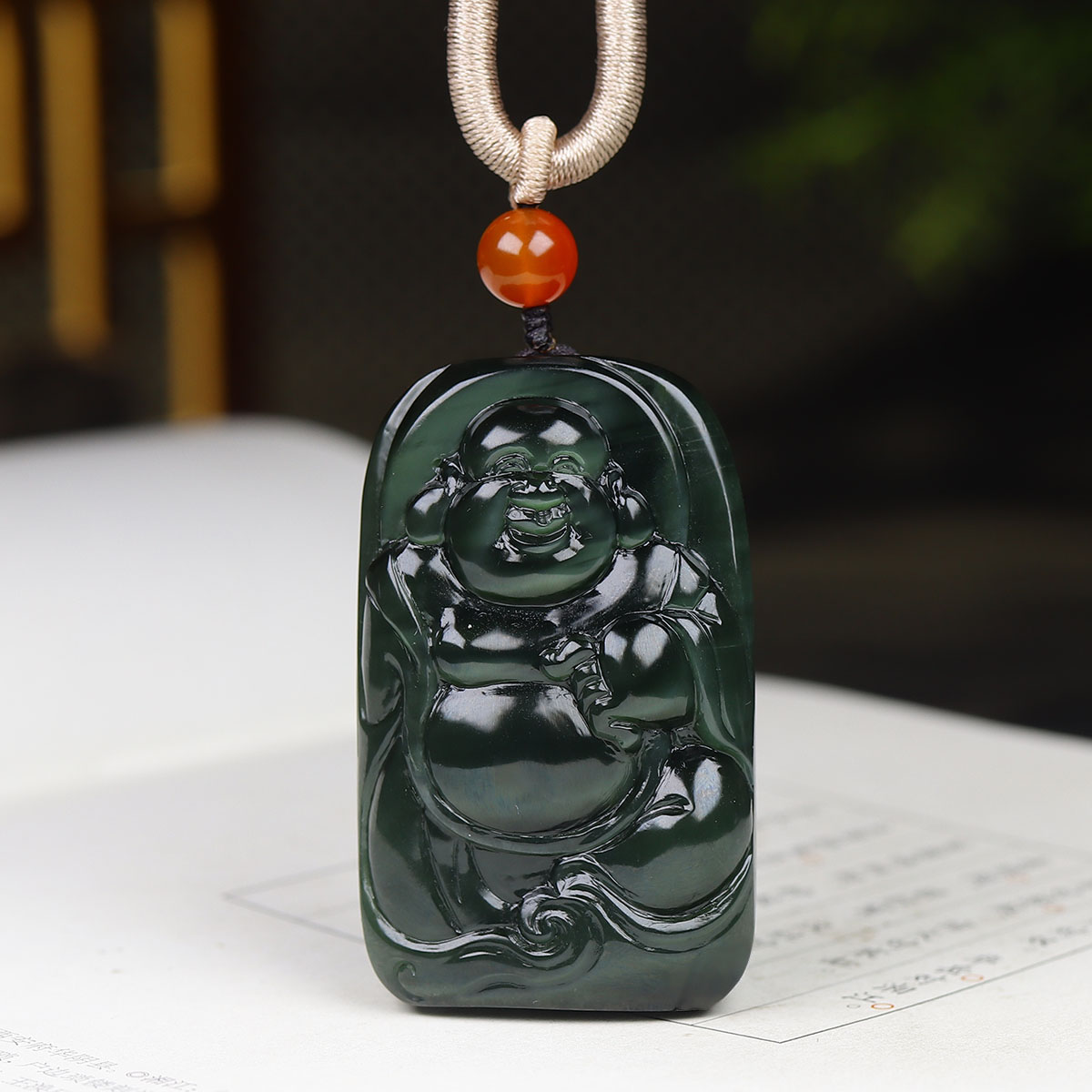 (古晨珠宝)俄罗斯和田玉黑猫眼碧玉弥勒佛挂件吊坠玉坠62g
