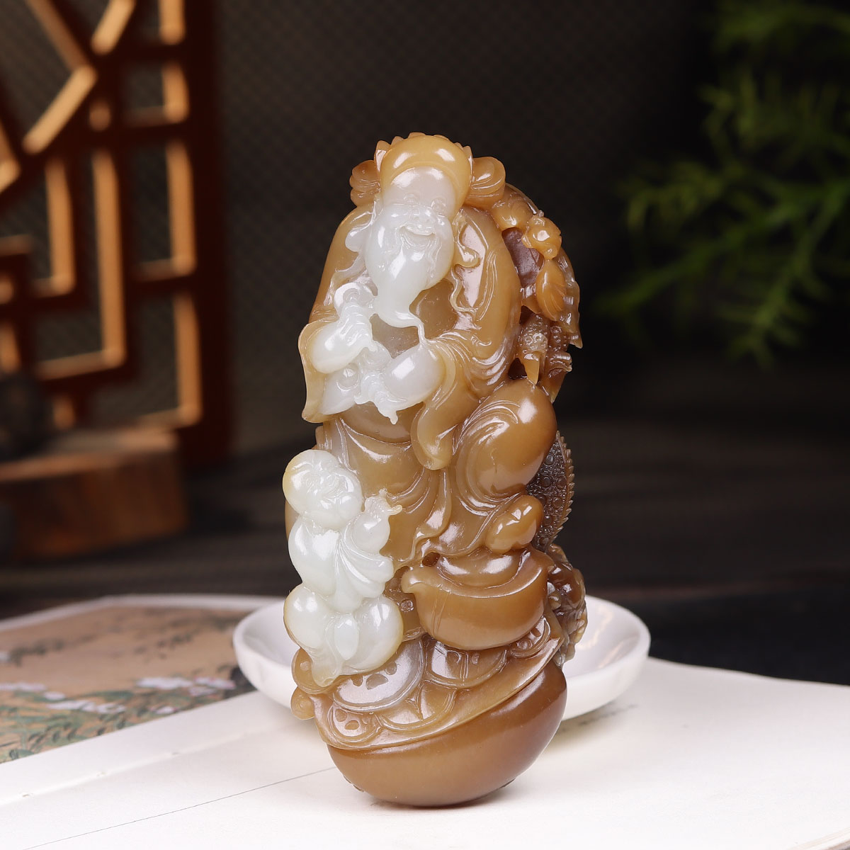 (古晨珠宝)新疆和田玉且末糖白玉财神把件摆件手玩招财进宝283g