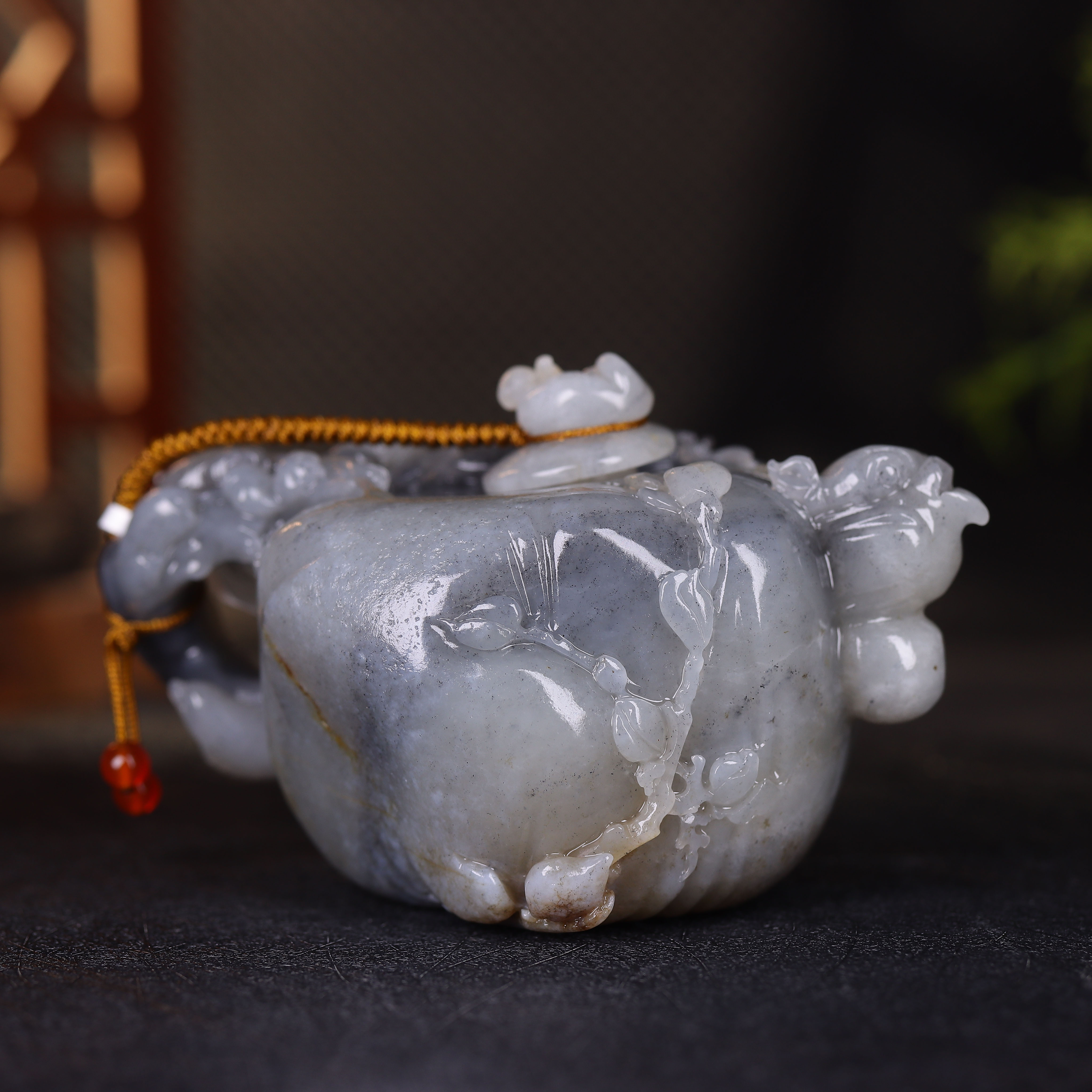 (古晨珠宝)新疆和田玉青花茶壶把件手玩件摆件把把胡341g