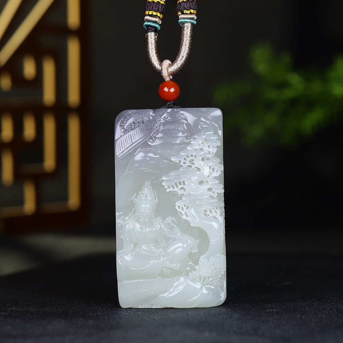 （古晨珠宝）青海和田玉烟紫观音山水挂件玉牌吊坠玉坠87g