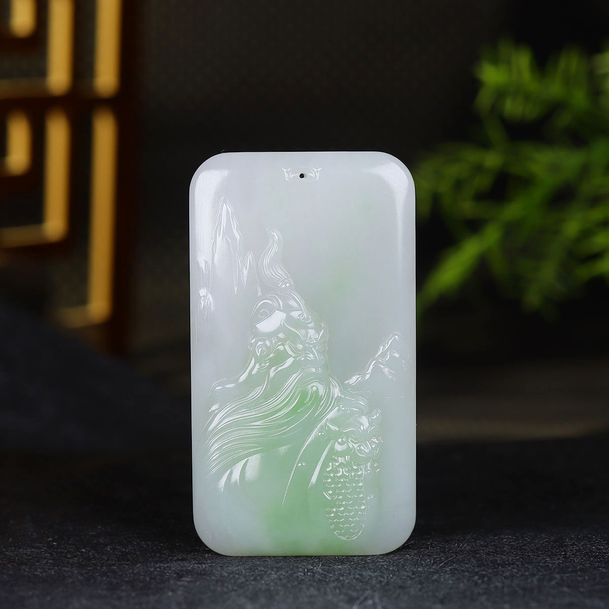 （古晨珠宝）青海和田玉烟紫翠青关公挂件吊坠玉坠忠义千秋96g