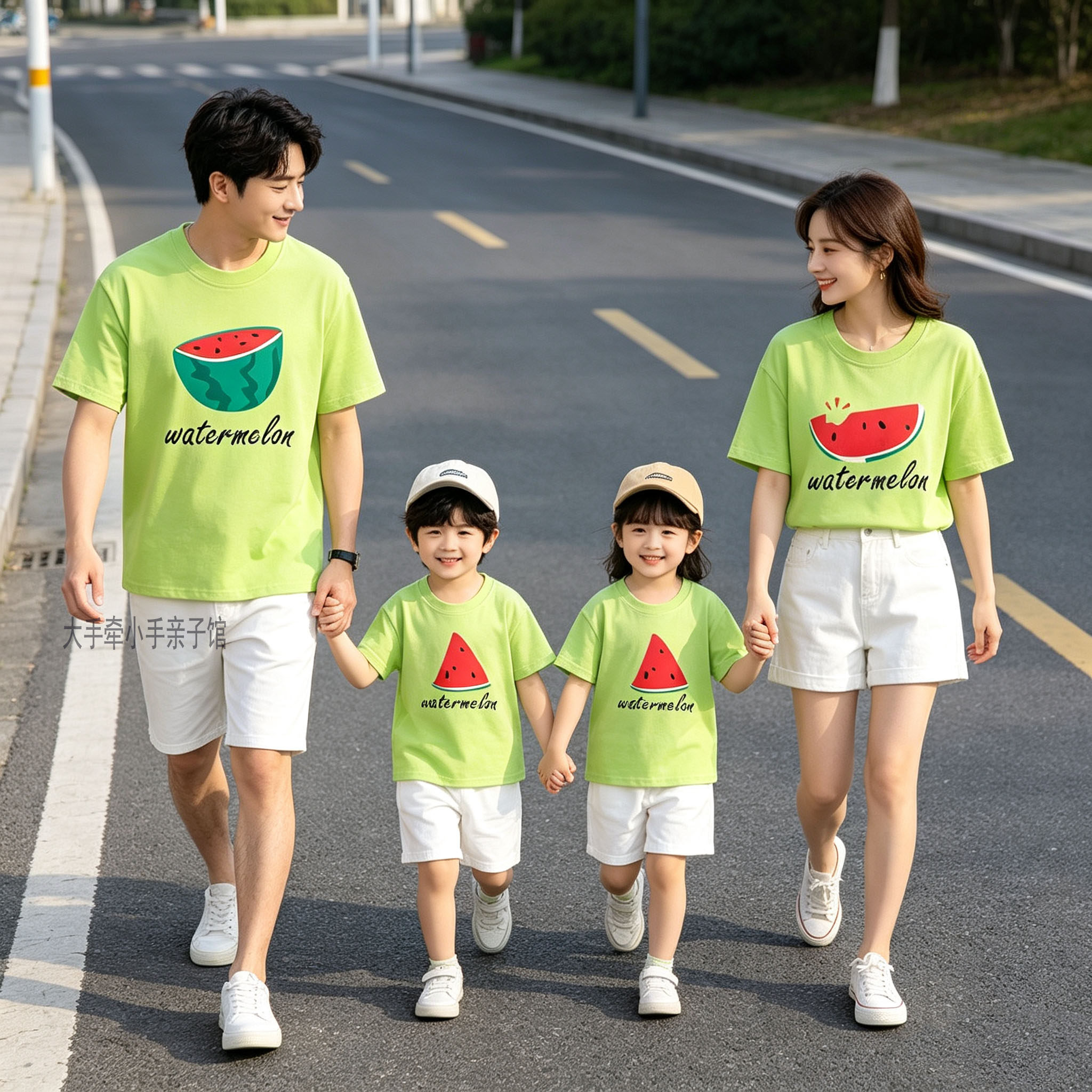 西瓜短袖亲子装夏季一家三四口纯棉t恤果绿色学生活动服儿童套装