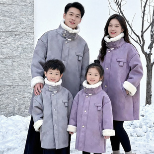 2025冬季新款皮毛一体中长棉衣保暖外套亲子装母子母女一家四口