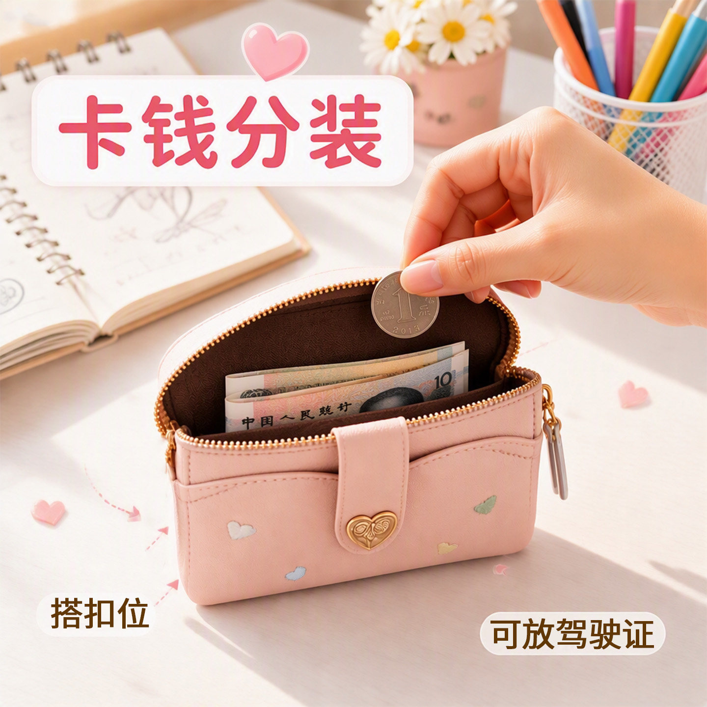 软PU皮小爱心刺绣拉链卡包