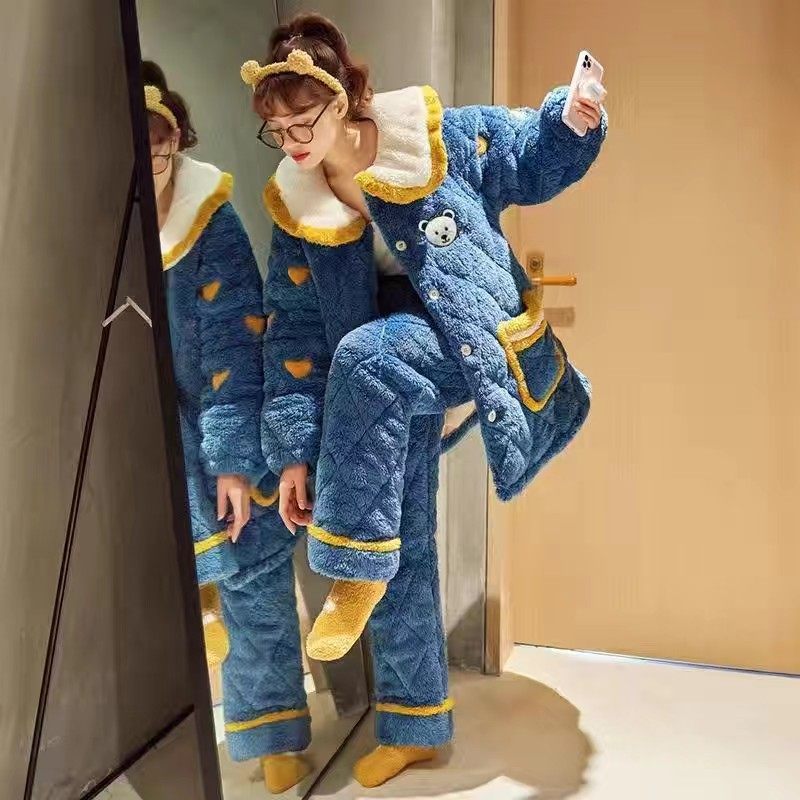 睡衣女冬季珊瑚绒三层夹棉加厚保暖加绒棉袄法兰绒家居服秋冬套装