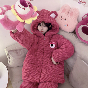 2025冬季新款三层夹棉超厚睡衣女珊瑚绒加厚加绒可外穿保暖家居服