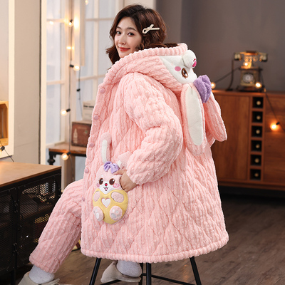 三层夹棉加绒加厚珊瑚绒睡衣女冬季保暖连帽卡通中长款家居服套装