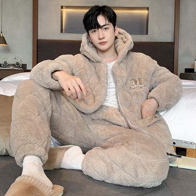 睡衣男款冬季珊瑚绒加厚加绒三层