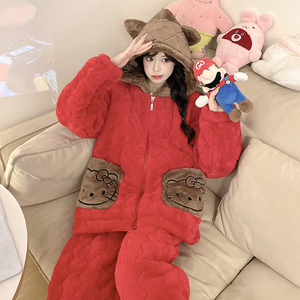 2025新年红色睡衣女冬季珊瑚绒三层夹棉加厚加绒法兰绒家居服套装
