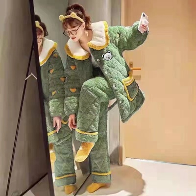 睡衣女冬季珊瑚绒三层夹棉加厚保暖加绒棉袄法兰绒家居服秋冬套装
