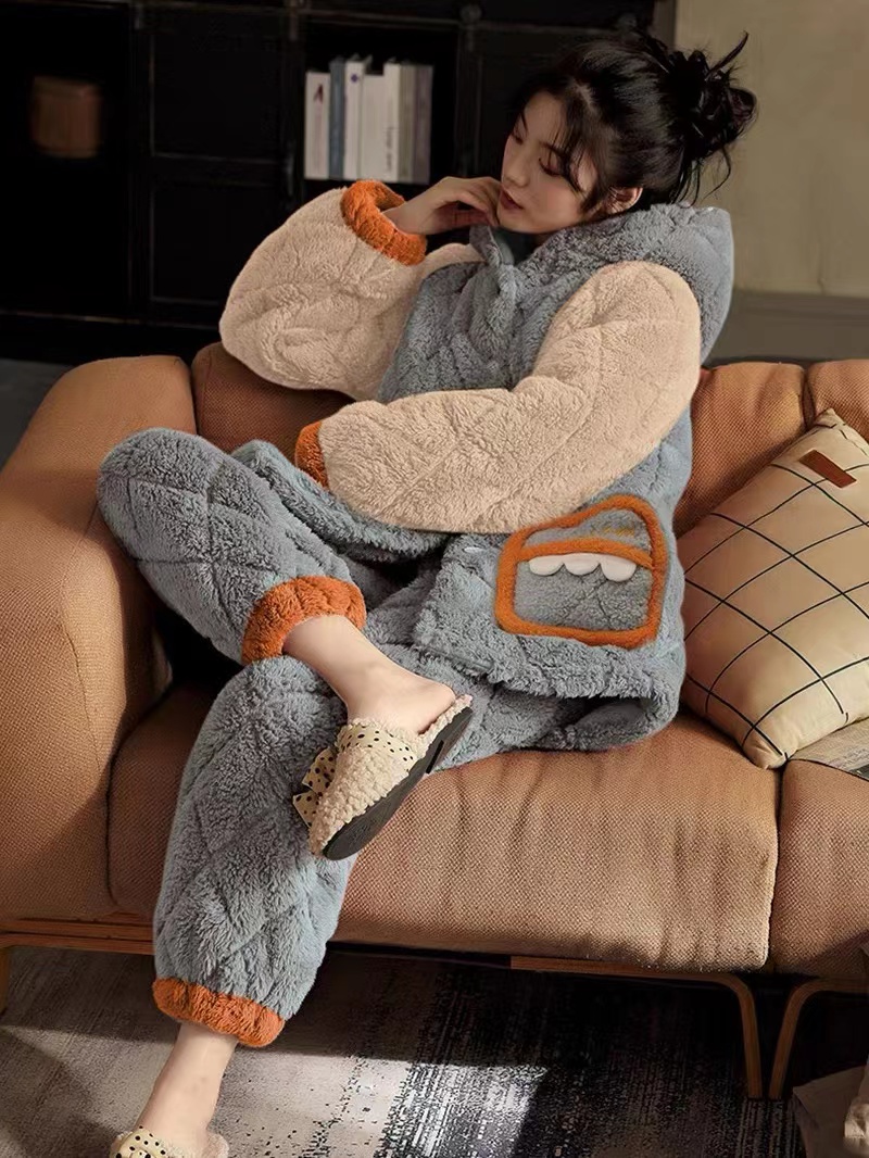 珊瑚绒睡衣女秋冬季夹棉套装