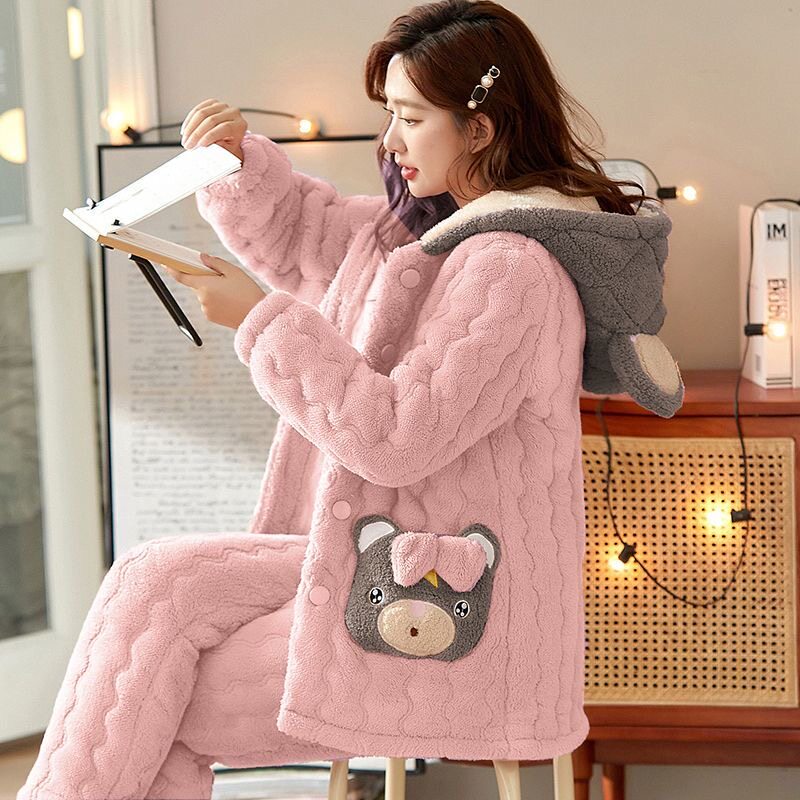 珊瑚绒中长款睡衣女冬季加绒加厚三层保暖夹棉袄法兰绒家居服套装