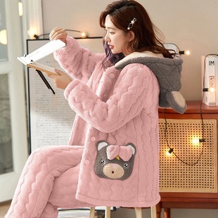 珊瑚绒中长款睡衣女冬季加绒加厚三层保暖夹棉袄法兰绒家居服套装