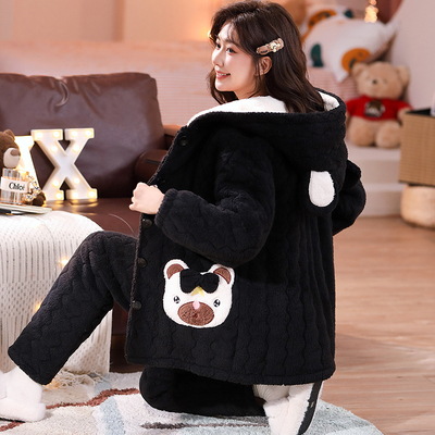 珊瑚绒睡衣女秋冬加厚加绒三层保暖夹棉袄法兰绒中长款家居服套装