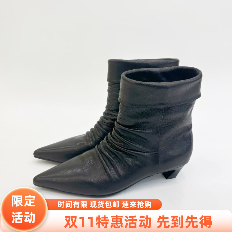 2025新款时尚褶皱细跟尖头裸靴高跟马丁靴短靴女靴子5888