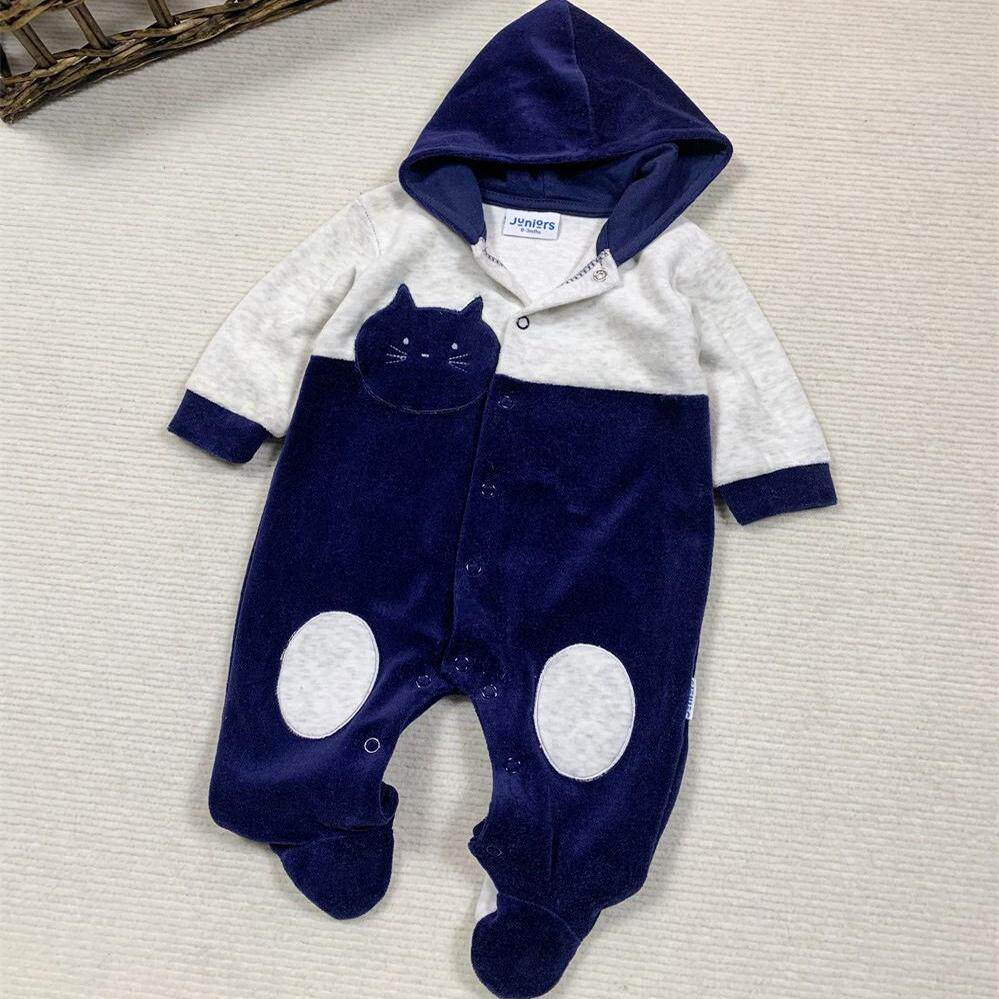 外贸原单男宝天鹅绒连帽哈衣春秋包脚连体衣婴儿衣服婴童外出服新