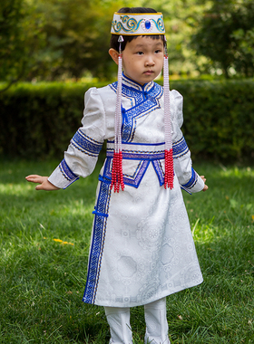 蒙古袍女童蒙古服族日常生活装蒙古舞礼服儿童演出服少数民族白色