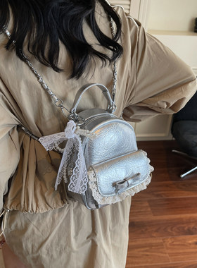 韩版蝴蝶结链条双肩包女软皮质爆裂纹迷你书包可爱少女蕾丝小背包