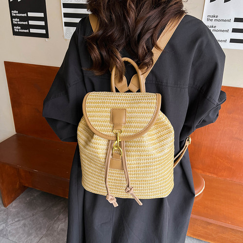 日系简约草编双肩背包女度假旅行儿童背包女孩外出旅游编织小书包