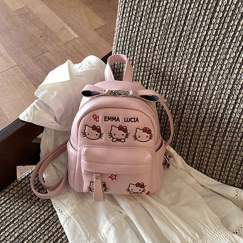 日系可爱卡通猫咪刺绣双肩包女粉色精致迷你小背包多功能单肩小包
