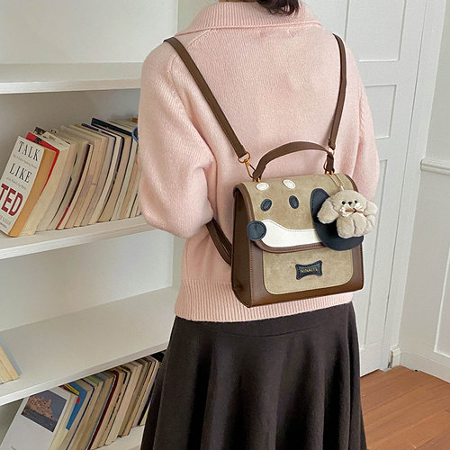 可爱卡通双肩包女ins小众设计狗头包盖式小方包女生逛街单肩背包