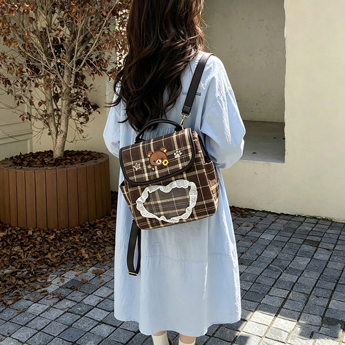 韩版少女心可爱小熊格纹双肩包女学院风百搭洋气女生小书包斜跨包