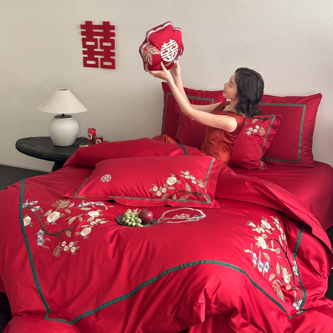 婚庆100全棉四件套新疆长绒棉纯棉花卉刺绣结婚陪嫁被套床单床品4