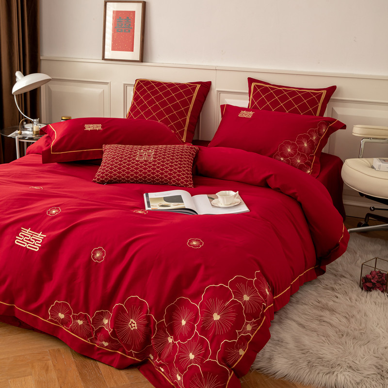 简约中式刺绣婚庆四件套全棉红色60支新疆棉结婚被套床单纯棉床品