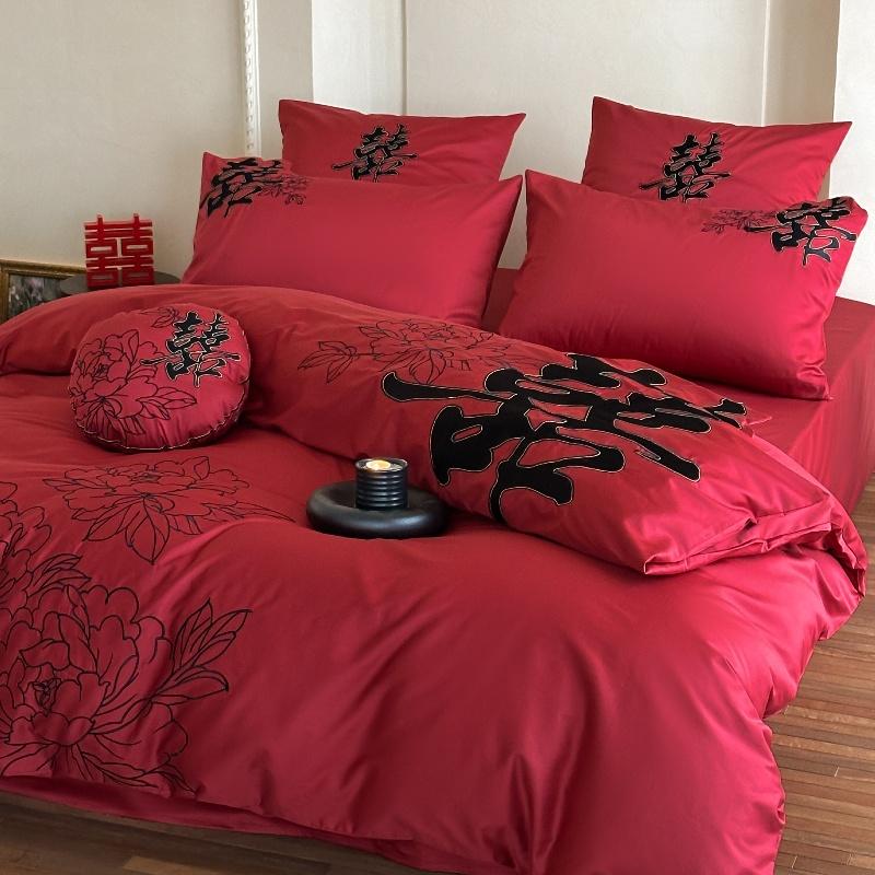 100支全棉双喜结婚四件套大红色