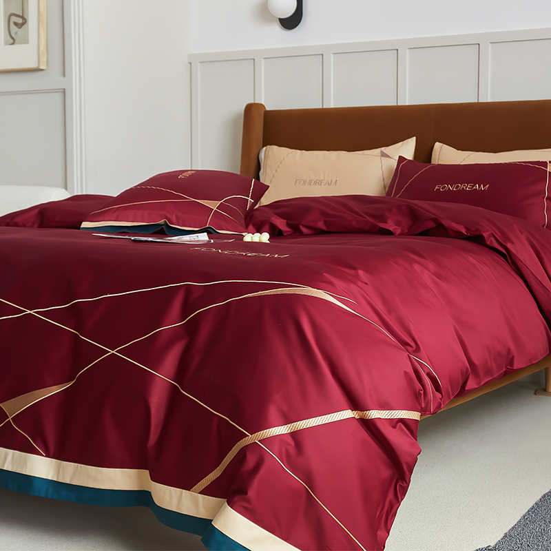 北欧风轻奢结婚庆酒红色四件套全棉100S长绒棉刺绣新婚房被套床品