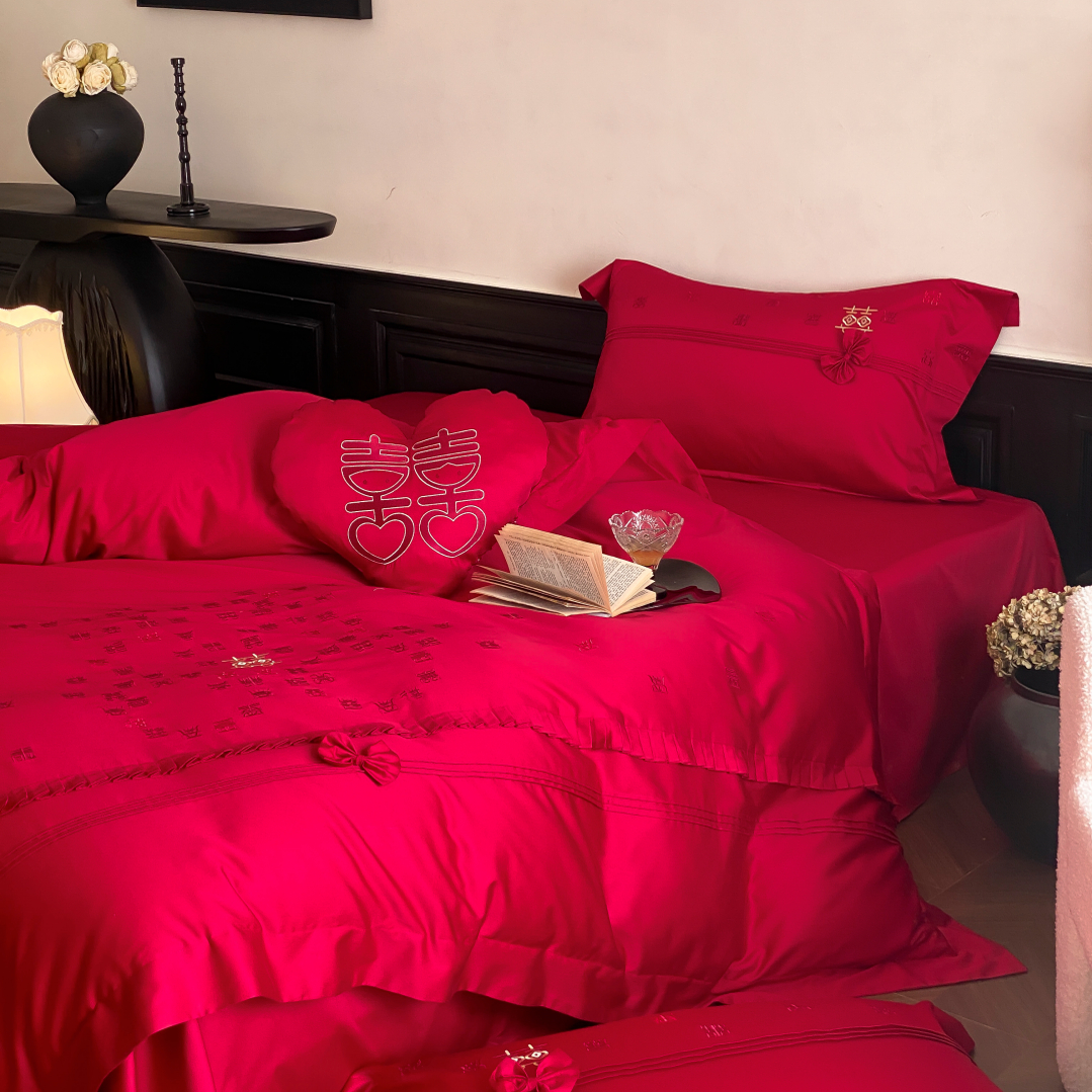 浪漫100S全棉婚庆四件套红色蝴蝶结刺绣结婚纯棉被套新婚床上用品