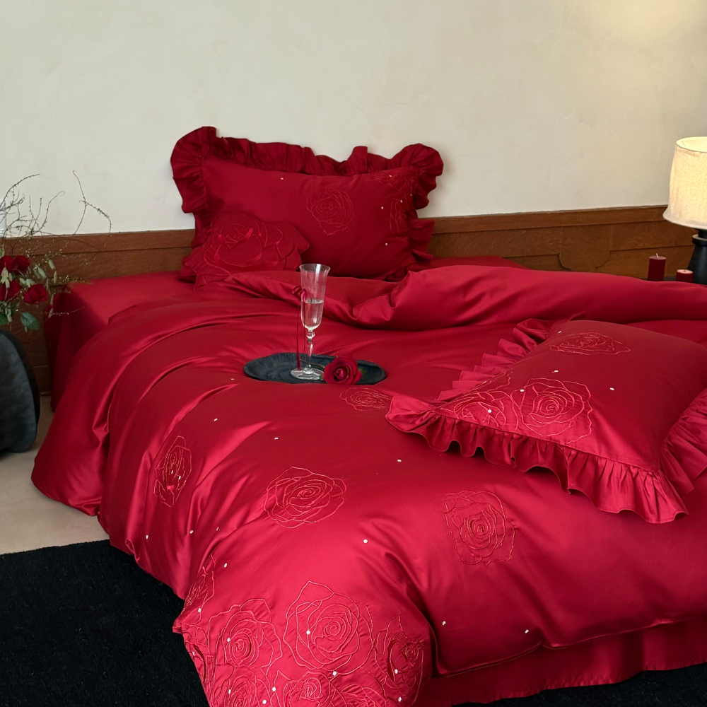 浪漫玫瑰刺绣100S长绒棉全棉婚庆四件套纯棉红色花边结婚被套床笠,床上用品,婚庆床品套件,淘宝优惠券,粉丝福利购,淘宝优惠卷
