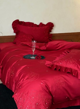 浪漫玫瑰刺绣100S长绒棉全棉婚庆四件套纯棉红色花边结婚被套床笠