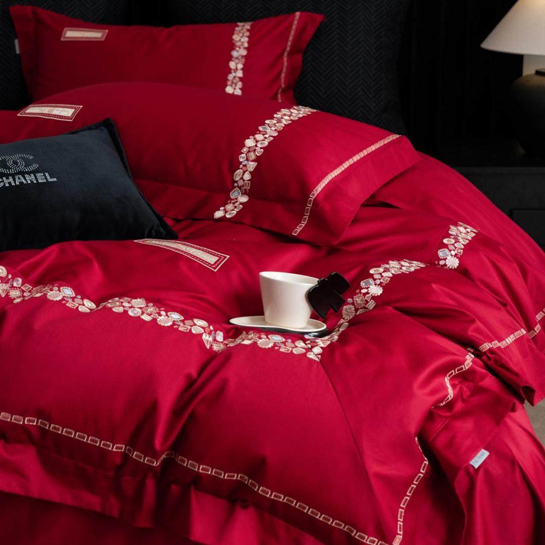高级感简约100全棉婚庆四件套纯棉刺绣大红色结婚房被套床上用品4,床上用品,婚庆床品套件,淘宝优惠券,粉丝福利购,淘宝优惠卷