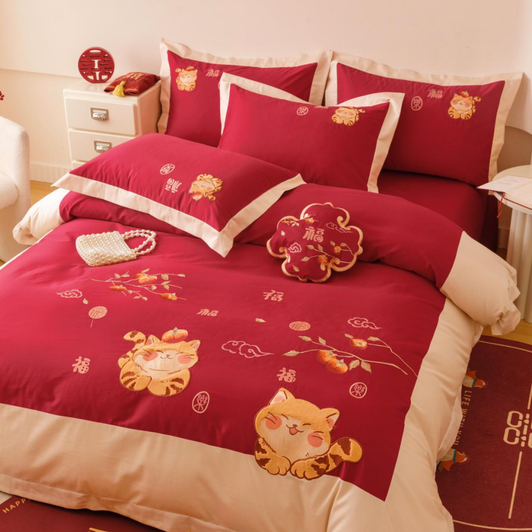 柿柿如意红色招财猫全棉新婚庆四件套100S长绒棉刺绣被套结婚床品