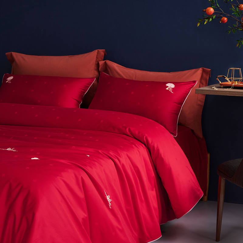 简约时尚中式婚庆四件套刺绣全棉100S长绒棉酒红结婚被套纯棉床单