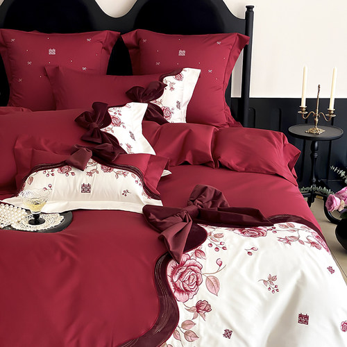 100S全棉红色蝴蝶结婚婚庆四件套