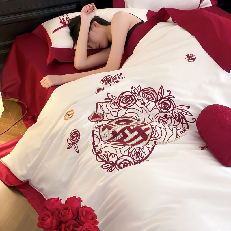 喜字蝴蝶结刺绣全棉结婚四件套