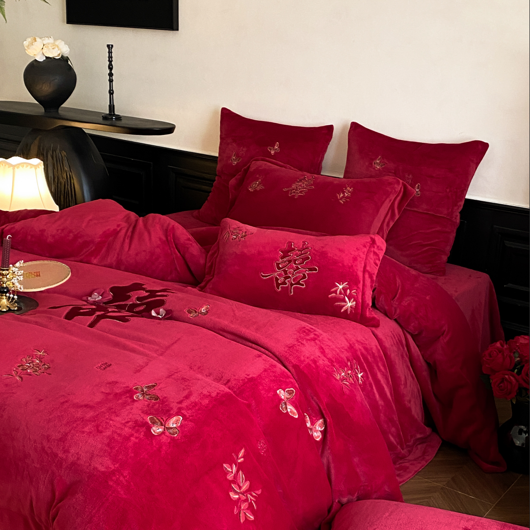 冬季婚庆加厚牛奶绒四件套双喜刺绣保暖珊瑚绒喜被套结婚床上用品