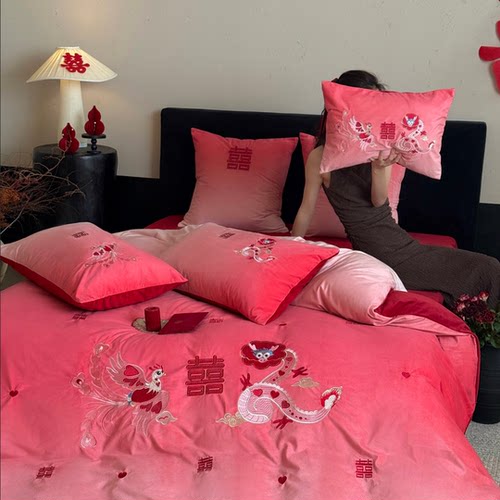 婚庆龙凤刺绣加厚牛奶绒四件套