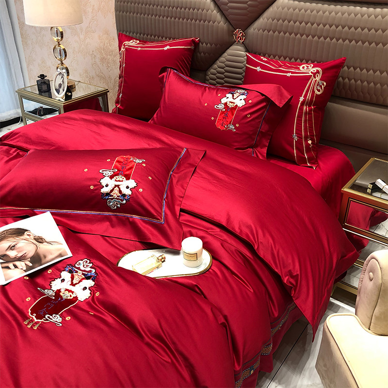 中式简约新婚庆床品四件套全棉100s支澳棉大红色刺绣结婚被套床单,床上用品,婚庆床品套件,淘宝优惠券,粉丝福利购,淘宝优惠卷
