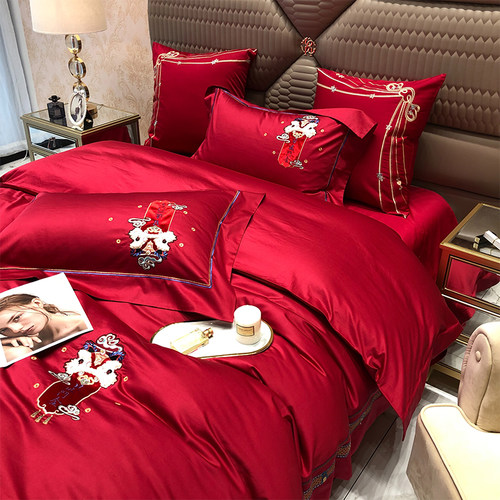 中式简约新婚庆床品四件套全棉100s支澳棉大红色刺绣结婚被套床单
