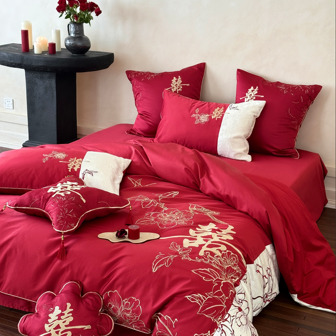 喜上眉梢双喜刺绣婚庆四件套