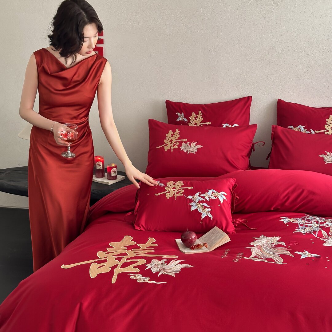 婚庆100S长绒棉全棉结婚四件套锦鲤刺绣纯棉红色双喜被套床笠床品