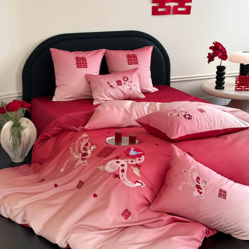 渐变色龙凤100S全棉婚庆四件套