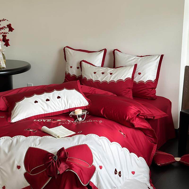 浪漫爱心100S澳棉全棉婚庆红色四件套纯棉蝴蝶结喜被婚嫁床上用品
