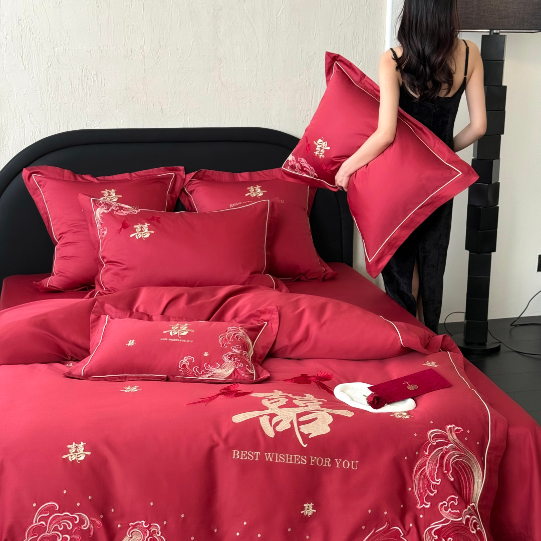 海誓山盟100S长绒棉全棉结婚四件套喜鹊刺绣纯棉红色被套婚庆床品